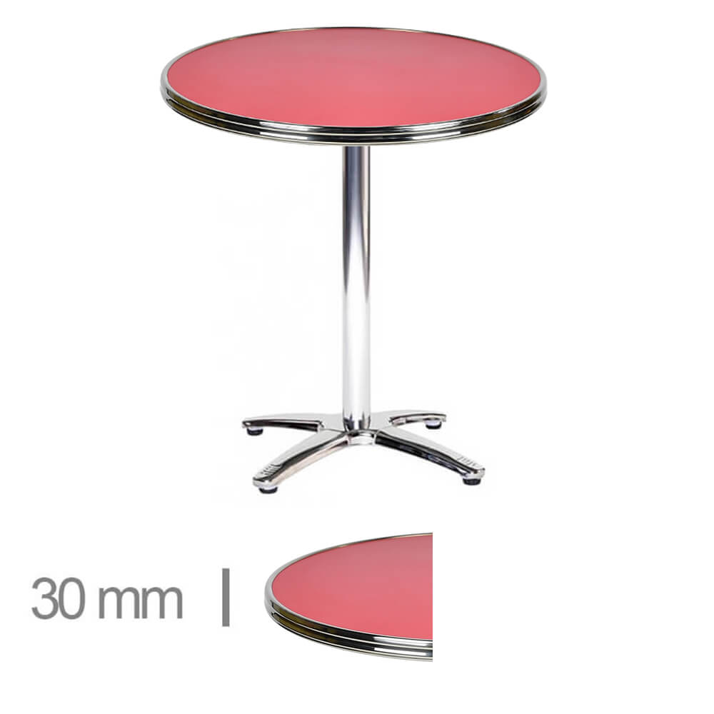 Table De Terrasse Ronde Avec Cerclage Chrome Pour Café, Restaurant Et Horeca – Werzalit Rouge – 60 Cm