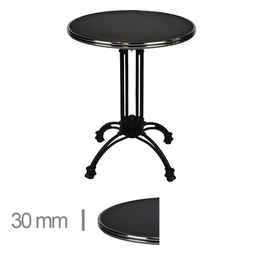 Table De Terrasse Ronde Avec Cerclage Chrome Pour Café, Restaurant Et Horeca – Werzalit Noir – 60 Cm
