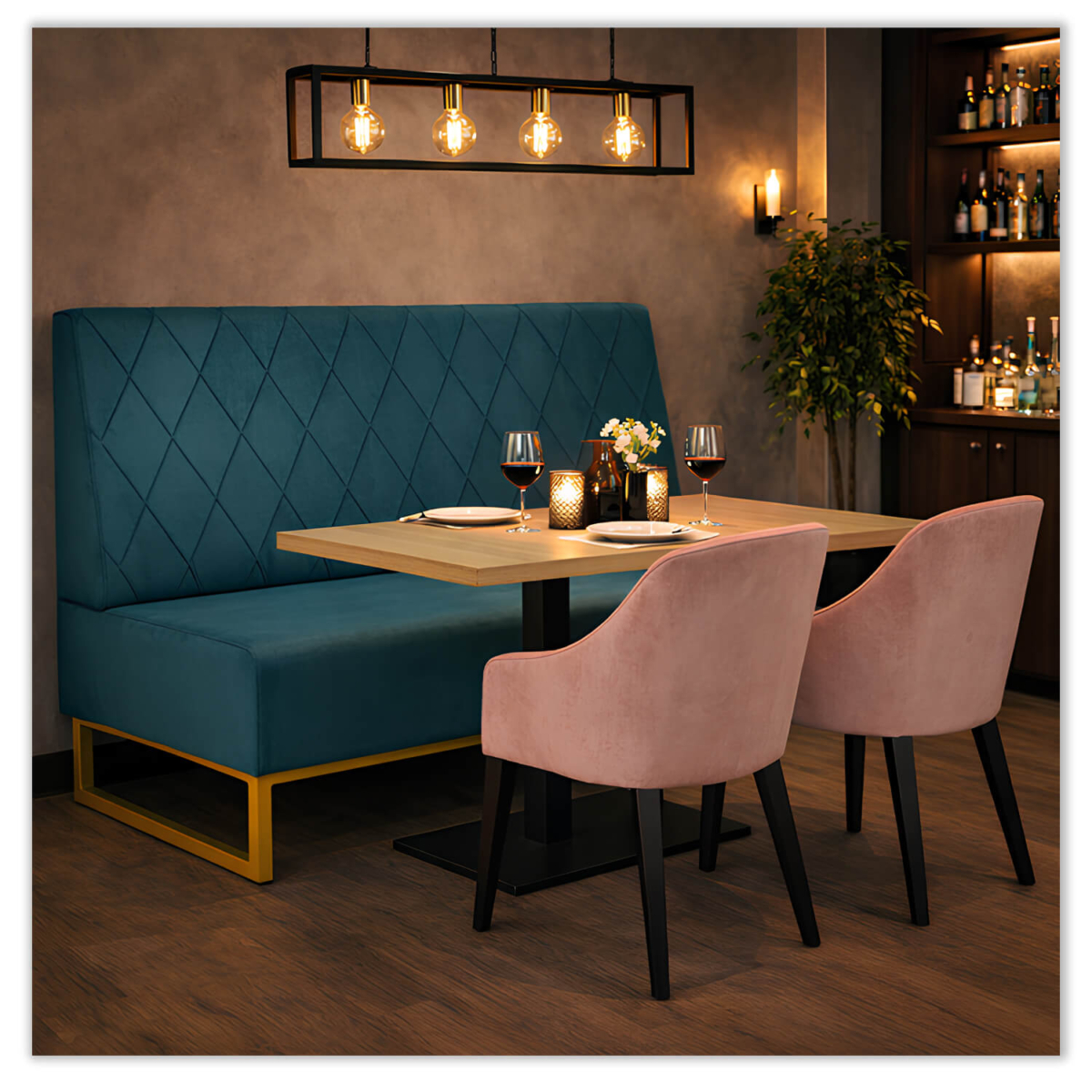 Horeca-Eetbank-TROJE-Turquoise-VelvetFluweel-set