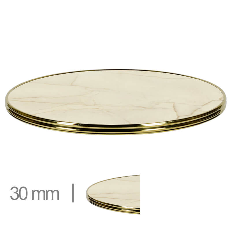 Horeca Tafelblad Rond Met Messing Rand – Werzalit Golden Marble – 3 Cm Dik