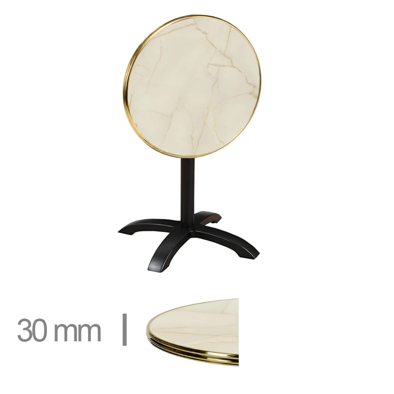 Horeca-Terrastafel-Opklapbaar-Rond-Met-Messing-Rand-WERZALIT-GOLDEN-MARBLE-Ø60cm