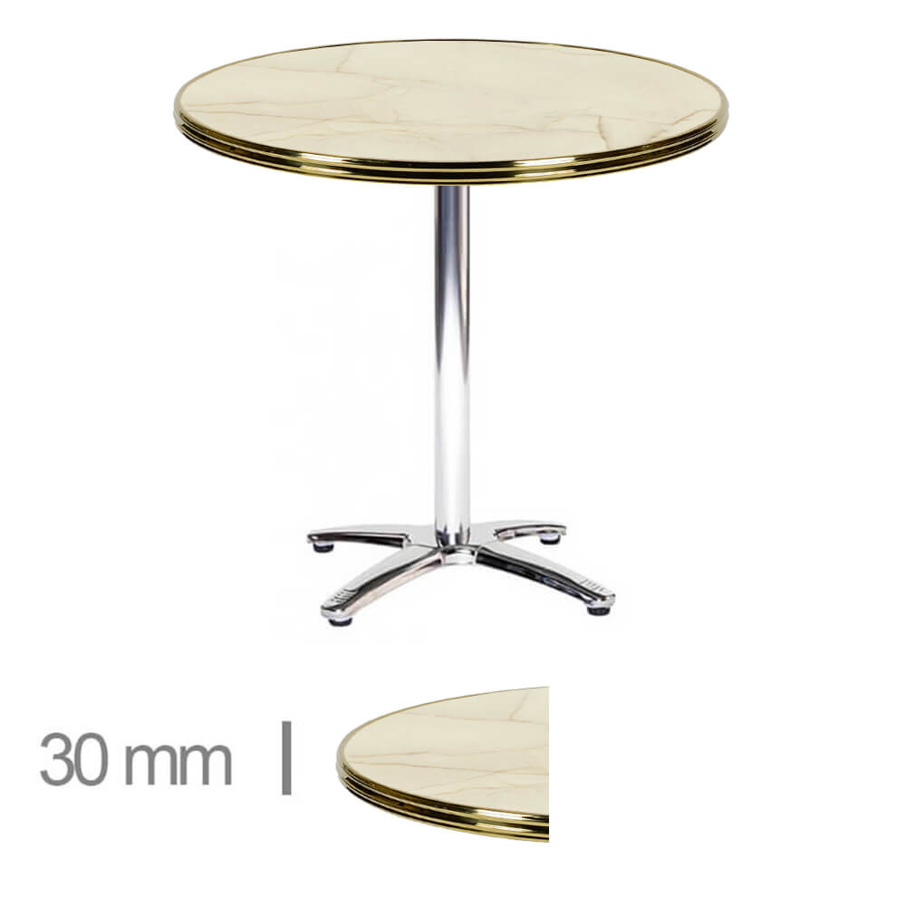 Table De Terrasse Ronde Avec Cerclage Laiton Pour Café, Restaurant Et Horeca – Werzalit Golden Marble – 60 Cm