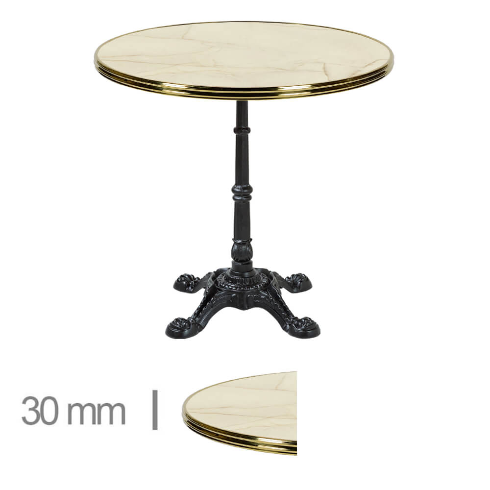 Table De Terrasse Ronde Avec Cerclage Laiton Pour Café, Restaurant Et Horeca – Werzalit Golden Marble – 60 Cm