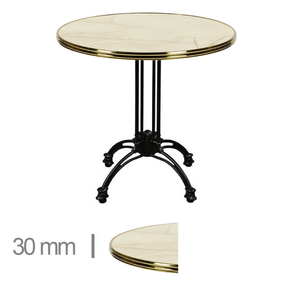 Table De Terrasse Ronde Avec Cerclage Laiton Pour Café, Restaurant Et Horeca – Werzalit Golden Marble – 70 Cm