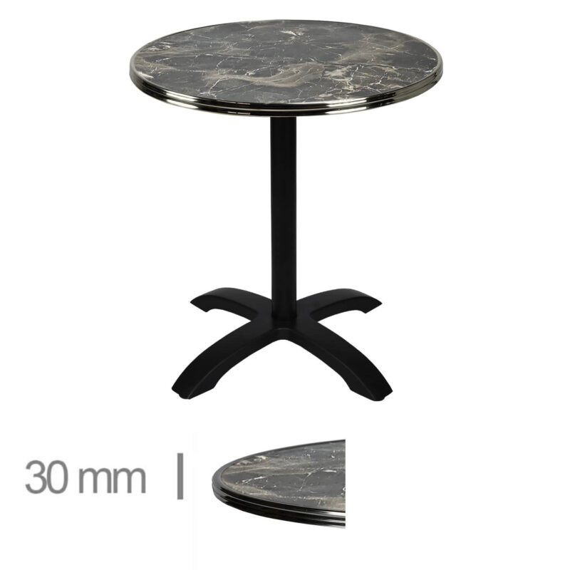 Horeca-Terrastafel-Opklapbaar-Rond-Met-Chroom-Rand-Werzalit-Brownie-Marble-70-Cm