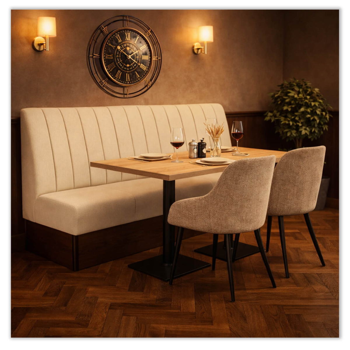 Horeca-Eetbank-SAFRAN-Creme-Stof-set