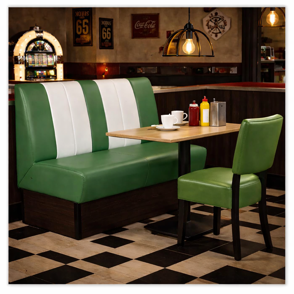 Horeca-Eetbank-SAFRAN-AMERICAN-Groen-Wit-Kunstleer Horeca-Eetbank-SAFRAN-AMERICAN-Groen-Wit-Kunstleer